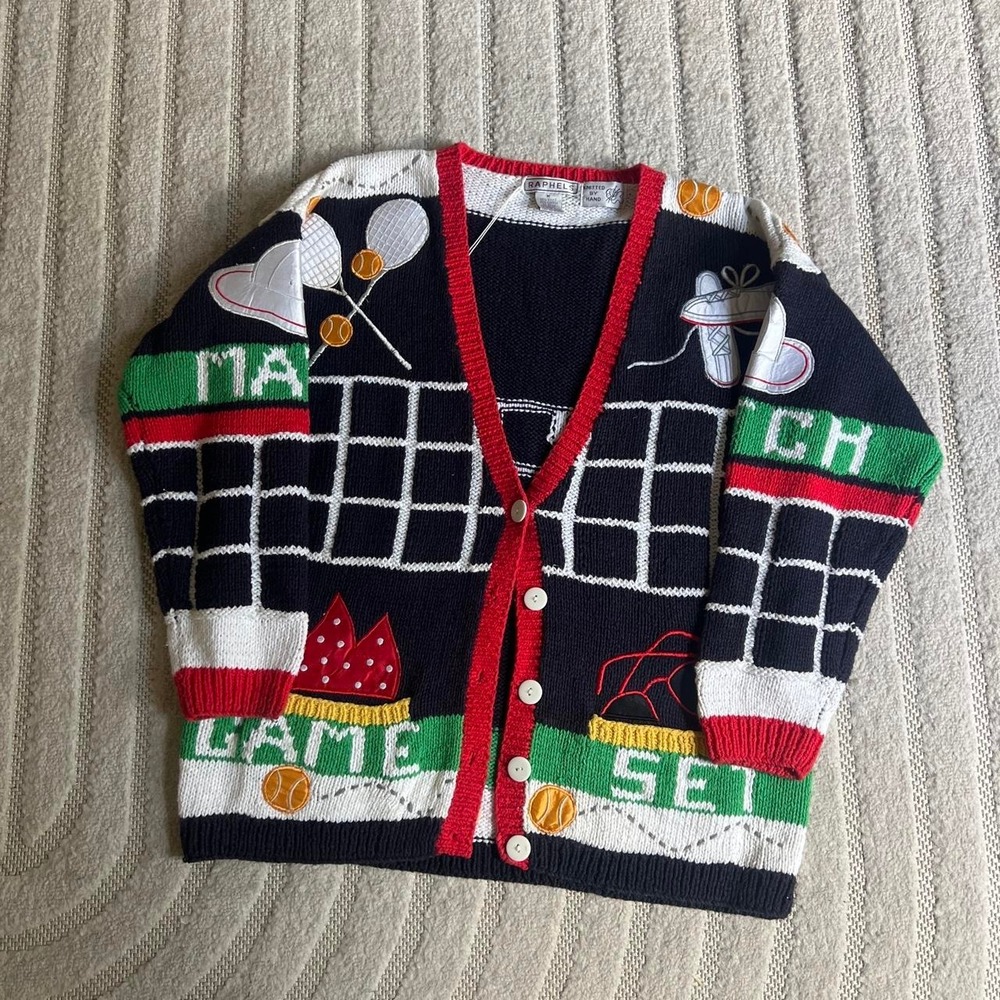 VTG 80s Raquels Collection Knit AOP Cardigan Sweater 3D Tennis Size Medium Sport